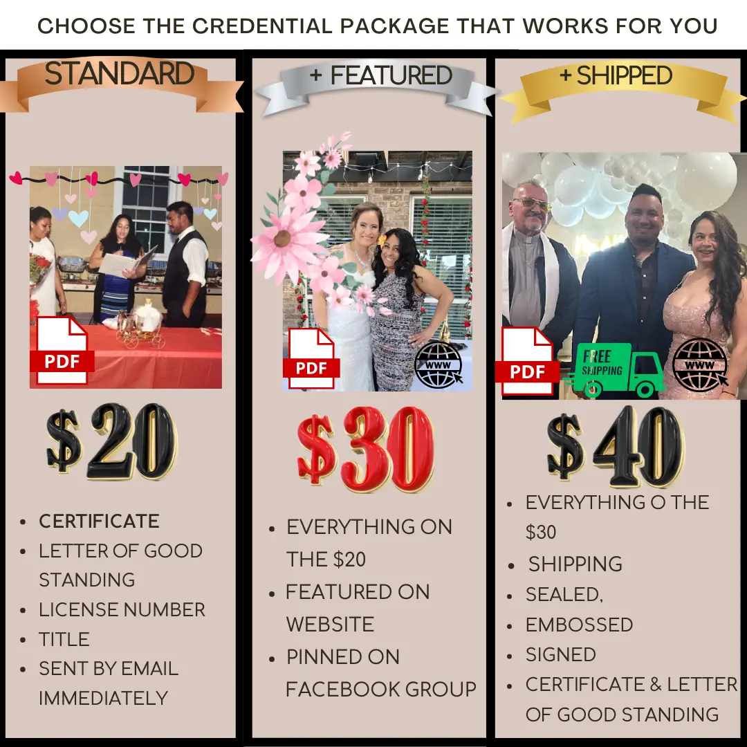 Credential Package options includes $20 for PDF Cert and Letter of Good Standing, $30 includes PDF plus Featured on website and FB group, $40 is everything and mailed embossed, sealed and signed