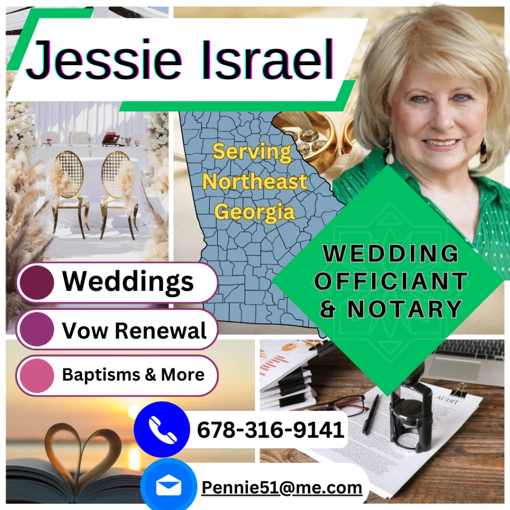 Jessie Israel iour wedding offiicant & notary, you cann call or email her