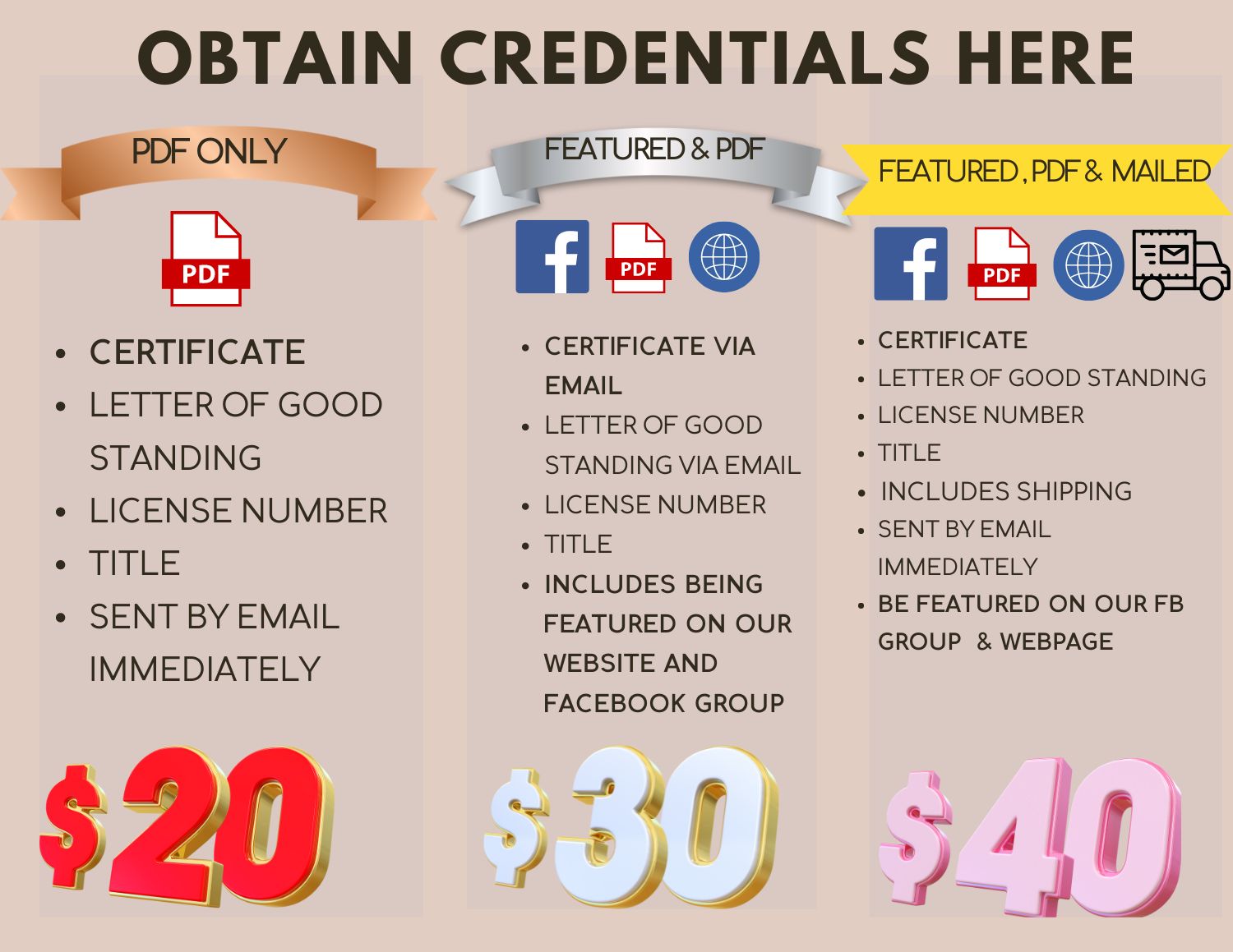 This will take you to Zeffy a payment platform for nonprofits to continue their charity work with the help of your contributions. It explains the prices for each package: $20 PDF certification & letter of good standing (credentials) only, $30 includes also: Featured Photo on Website and Facebook Group, $40 includes also: mailed credentials.